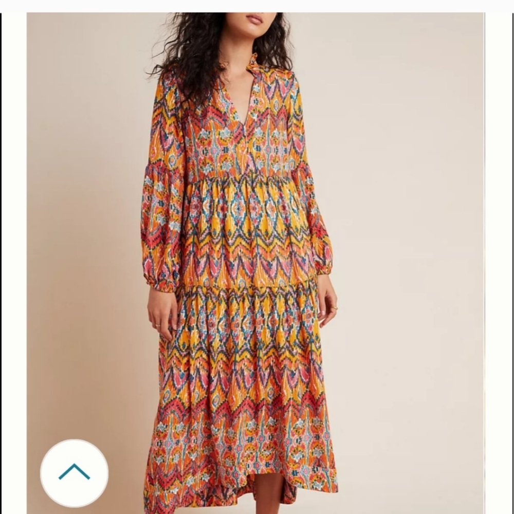 Anthropologie Orange Red Maxi Sundress with V-Neck and Bishop Sleeves